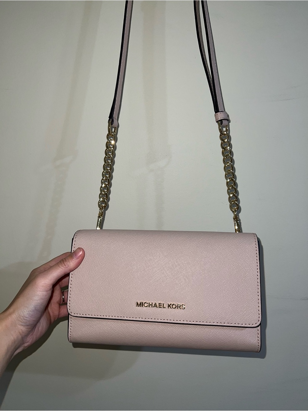 Michael Kors Pale Pink Saffiano Leather Chain Crossbody Wallet